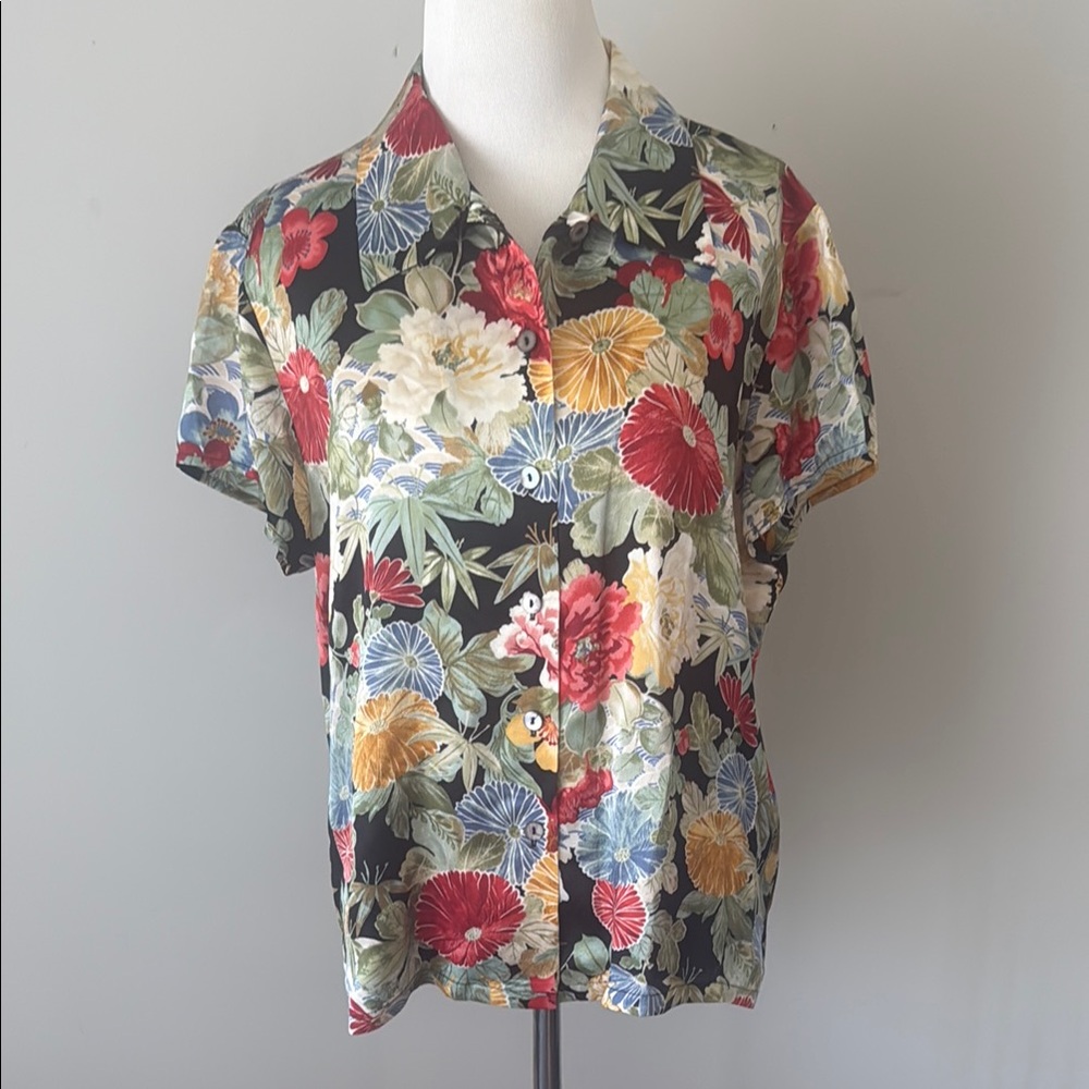 Vintage Carole Little 100% Silk Hawaiian Floral Shirt sz 12